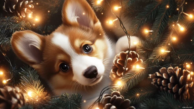Festive puppy Christmas wallpaper with lights and pinecones, capturing the holiday spirit.